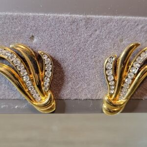 Vintage Gold Tone with Rhinestone Accents Fan Earrings Pierced Costume Jewelry